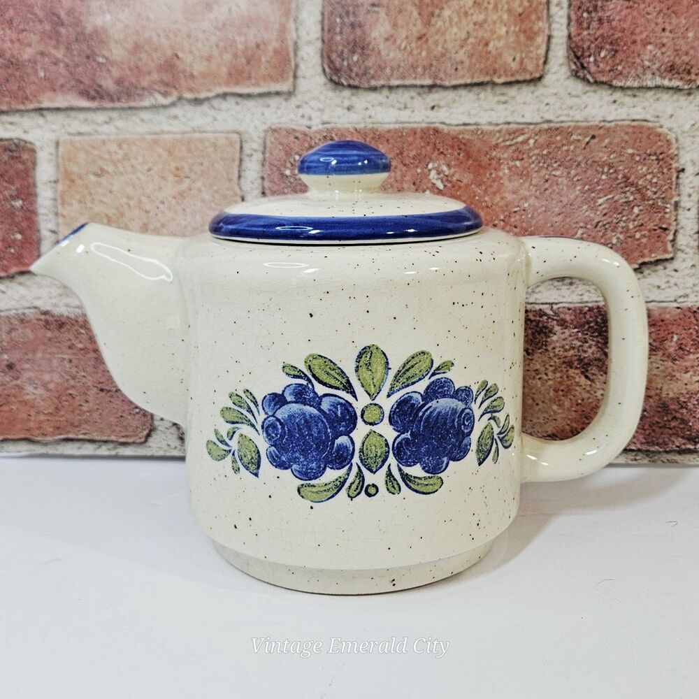 Vtg Otagiri Style Speckled Teapot Blue Flowers Floral Japan Cottage Cottagecore